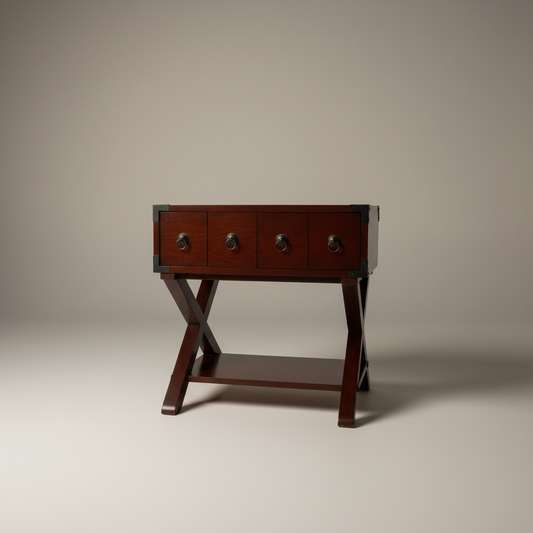 Mesa auxiliar de madera, teñida con un cajón y detalles metálicos, algunos Rayones tienen la madera en la parte superior – Go Vintage