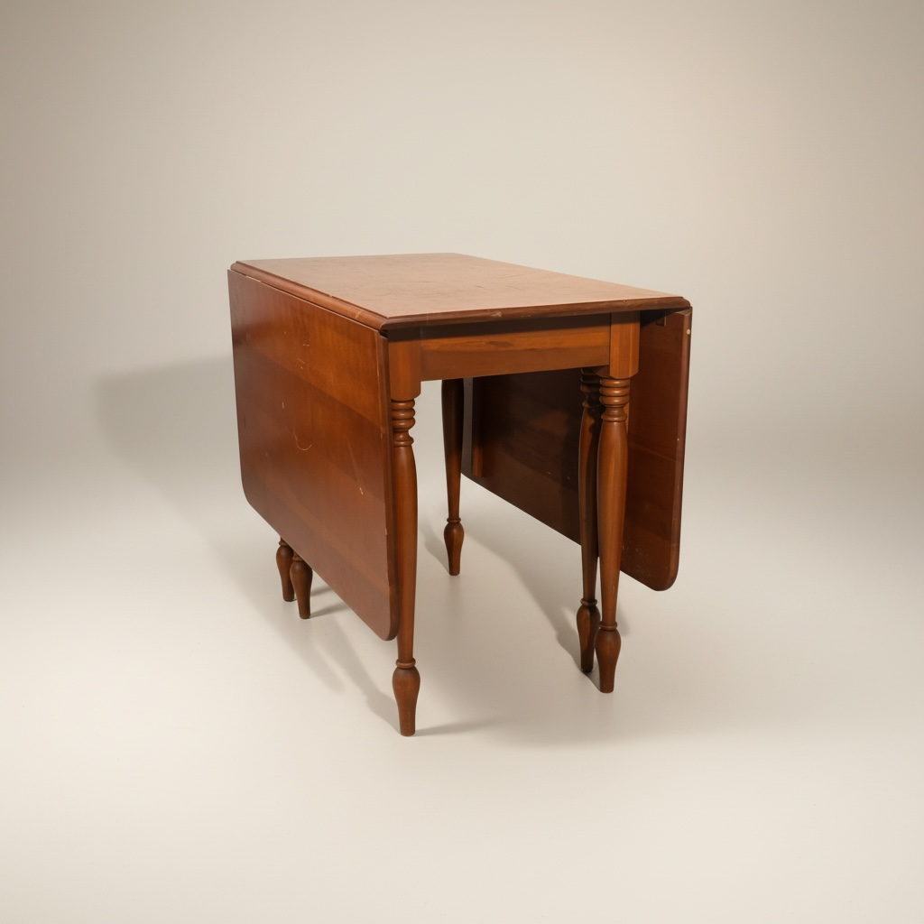 Mesa de comedor estilo Sheraton de madera de cerezo con alas abatibles y patas torneadas, la mesa está con piquetes y rayones – Go Vintage