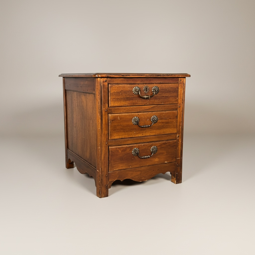 Cómoda antigua de madera con tres cajones y herrajes metálicos, detalles en la madera por antigüedad – Go Vintage