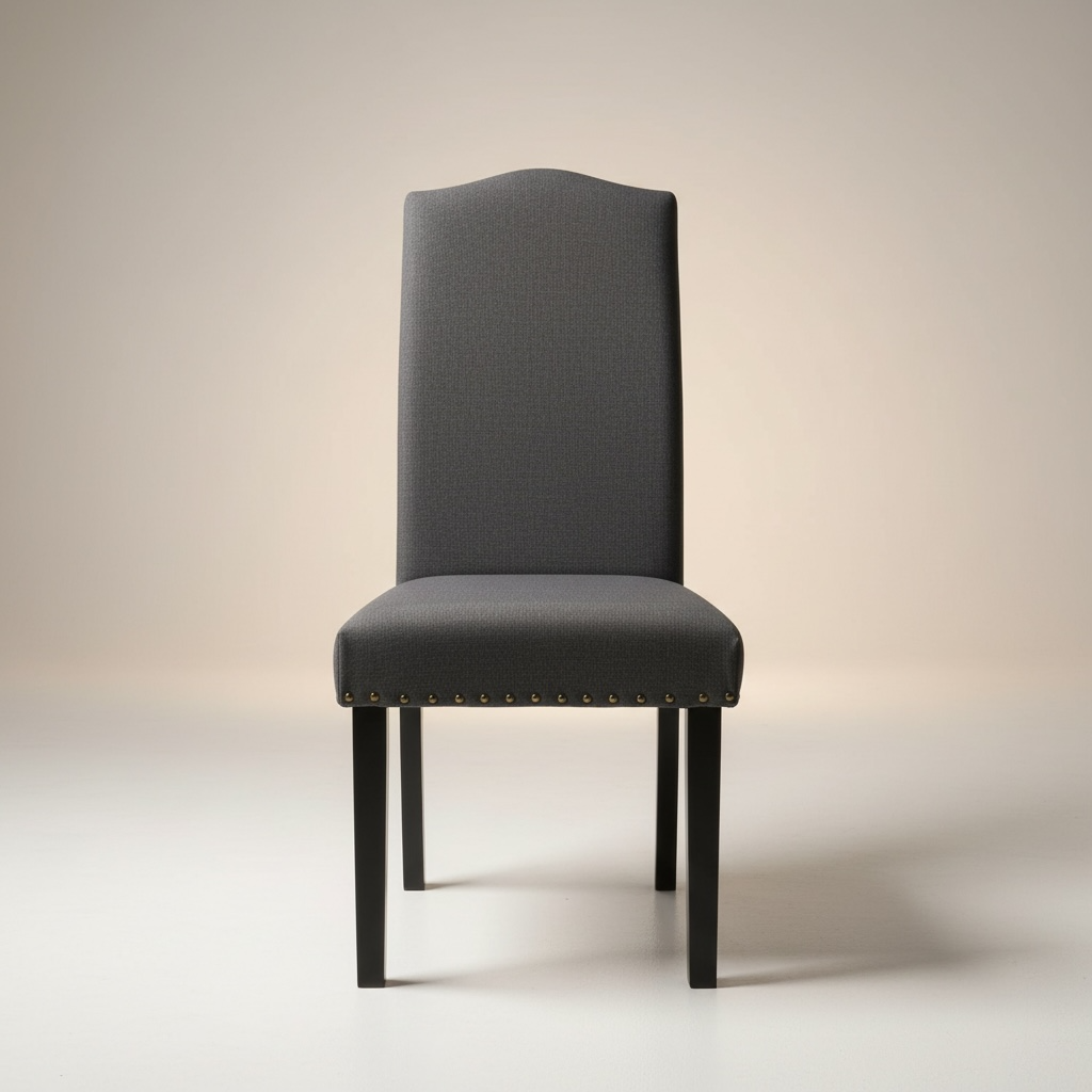 Silla de comedor tapizada estilo parsons con patas de madera y detalles de tachuelas, cojín manchado – Go Vintage