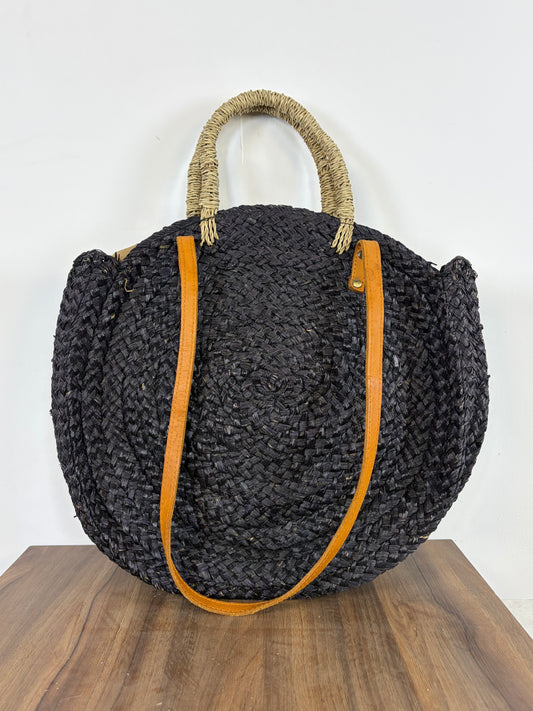 Bolso Redondo de Rafia Gris con Asas de Cuero