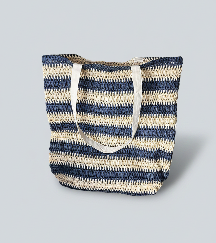 Bolso de Playa Tejido a Rayas Azul y Beige – Go Vintage