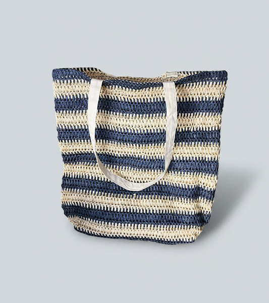 Bolso de Playa Tejido a Rayas Azul y Beige – Go Vintage
