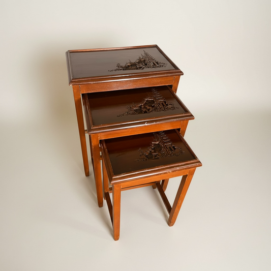 Set 3 Mesas Madera Tallada Oriental – Go Vintage