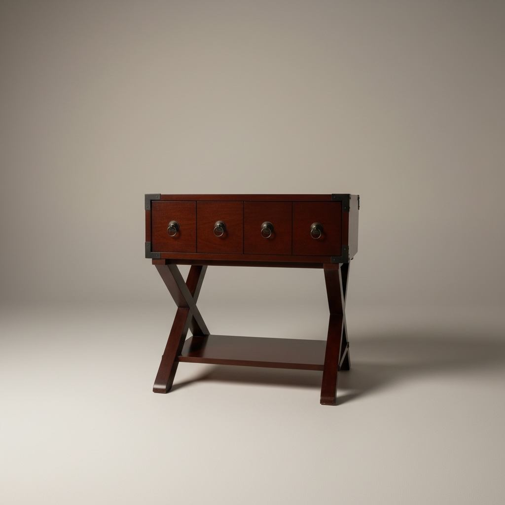 Mesa auxiliar de madera, teñida con un cajón y detalles metálicos, algunos Rayones tienen la madera en la parte superior – Go Vintage