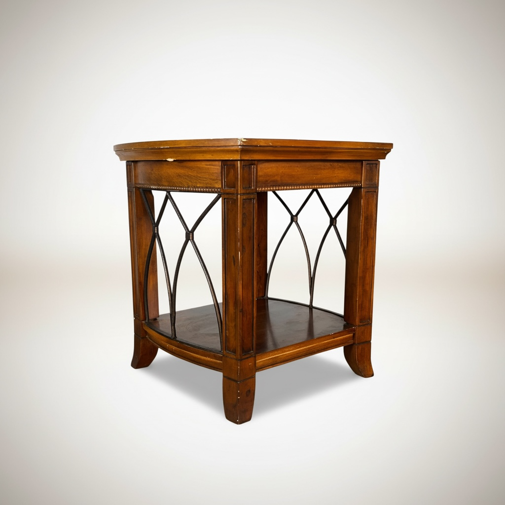 Mesa lateral de madera de roble y metal. Combina estilo rústico y tradicional, detalles en la madera en la parte de arriba de la mesa. – Go Vintage