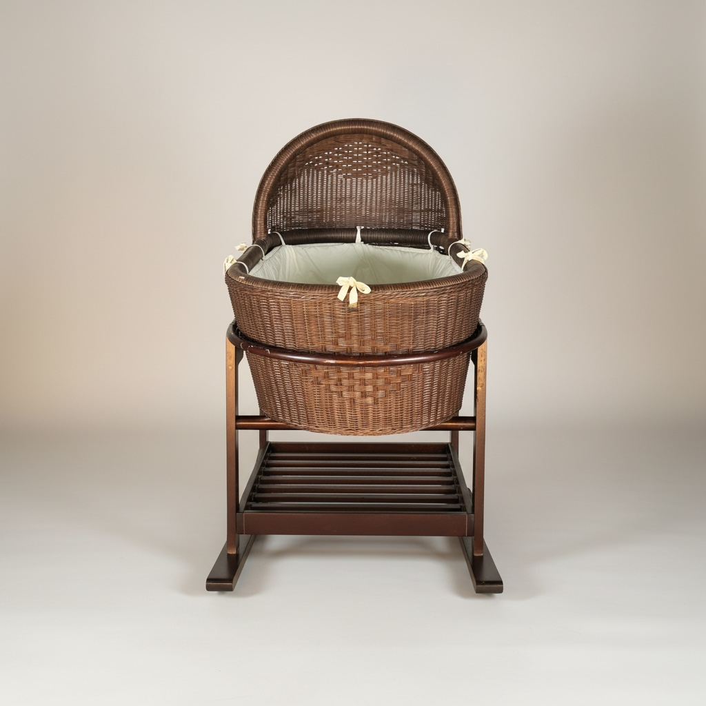 Cuna de Moisés de mimbre marrón oscuro, con estructura de madera, detalles. Buen estado, pero tiene detalle en un bordado de mimbre al costado – Go Vintage