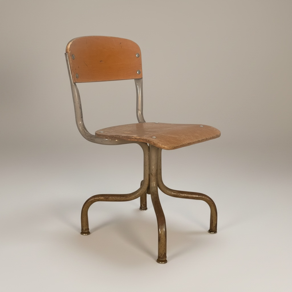 Silla escolar industrial antigua vintage con estructura de metal y asiento de madera, muy oxidada y la madera con muchos piquetes y manchas – Go Vintage