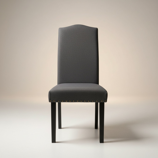 Silla de comedor tapizada estilo parsons con patas de madera y detalles de tachuelas, cojín manchado – Go Vintage
